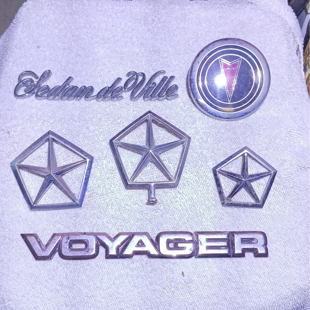 Vintage Car Emblems Lot Cadillac Pontiac Chrysler Voyager Hood Ornament Badges